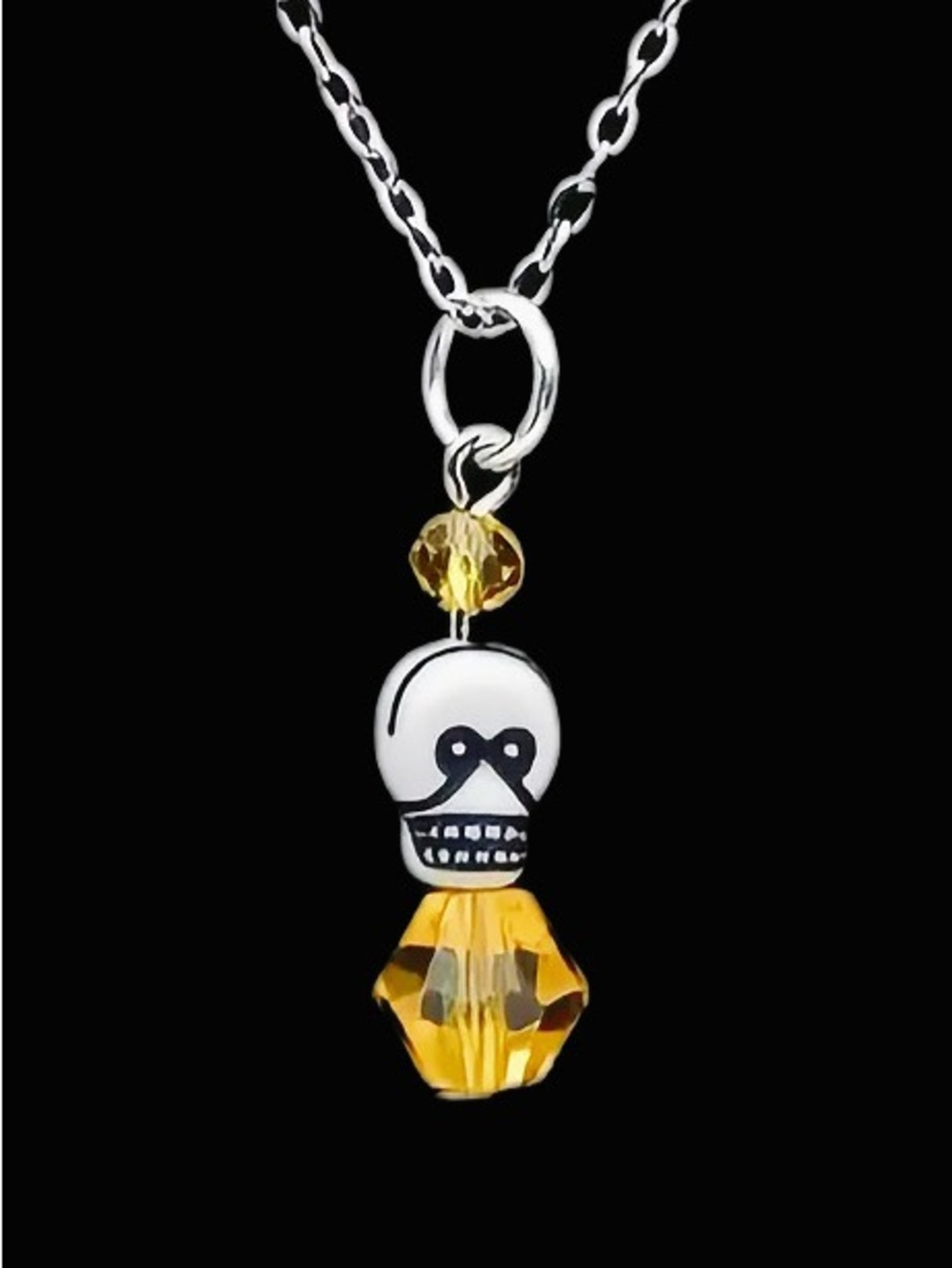 Silver Skull Pendant Necklace with Yellow Crystal Accent Bead